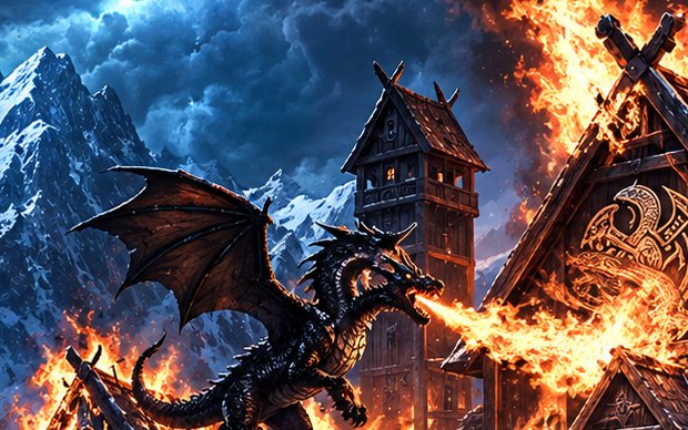A dragon wheeling over the burning rooftops