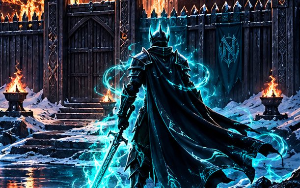 A wight wreathed in blue fire at the water's edge