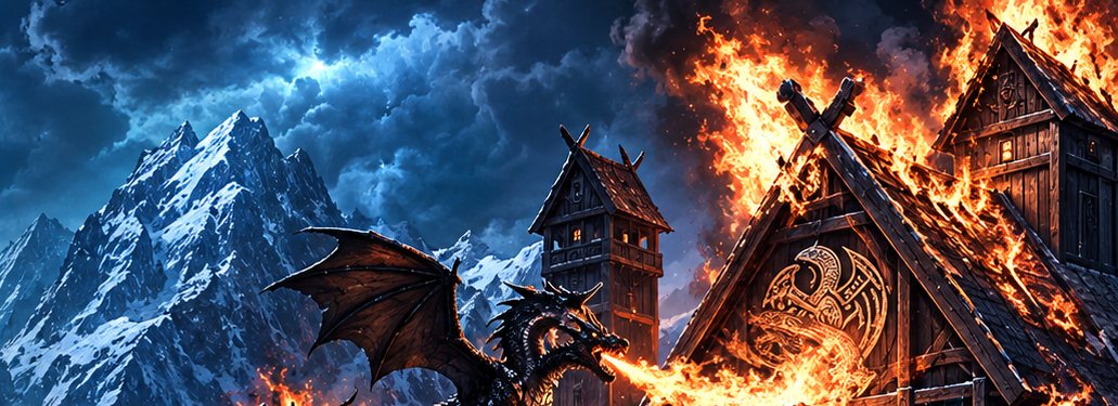 A longhall burning beneath the mountains of Niflheim